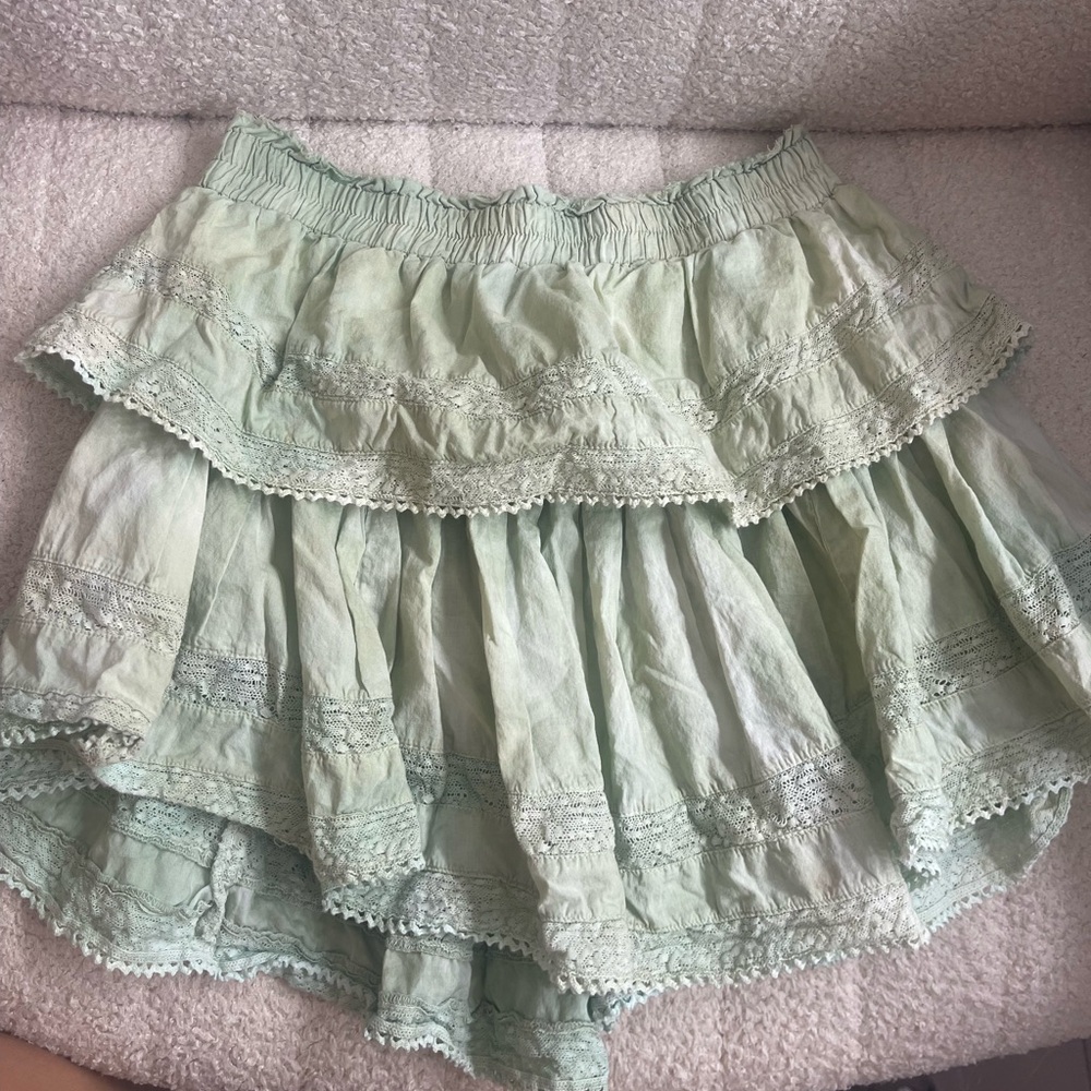 Love Shack Fancy Tie Die Green Ruffled Mini Skirt